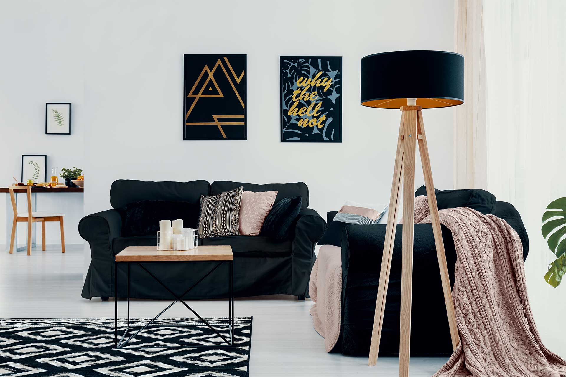 lamp-next-to-dark-couch-with-pink-blanket-in-white-H4KZ8LS